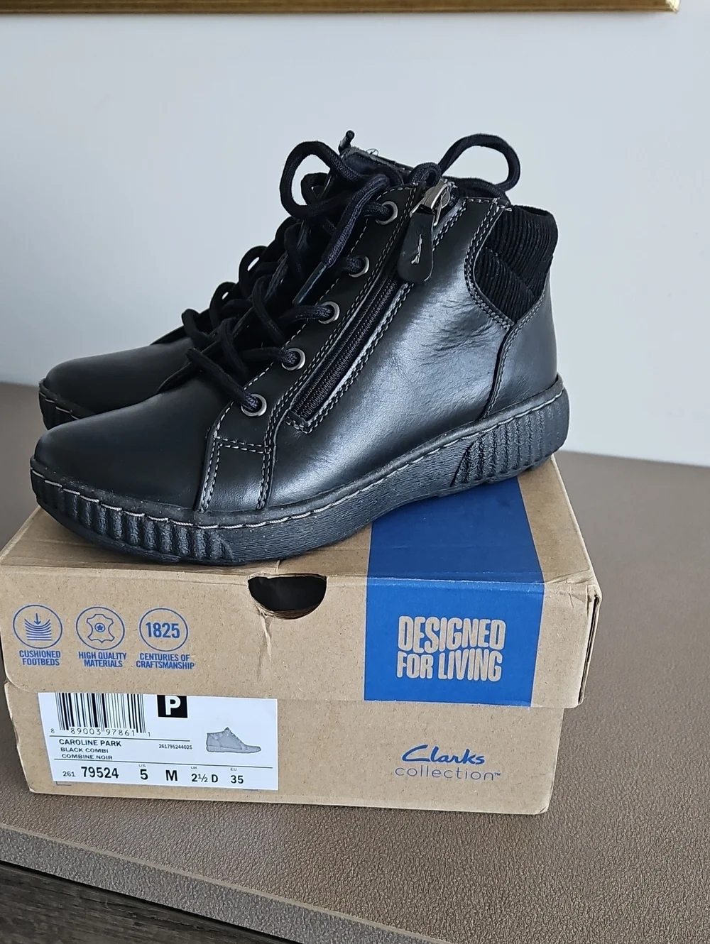 Clarks Black Leather Women's Lace-Up Ankle Boots with Side Zip